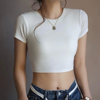 Cozy 棉質圓領短T短袖顯瘦短版bratop 固定罩杯 女裝上衣