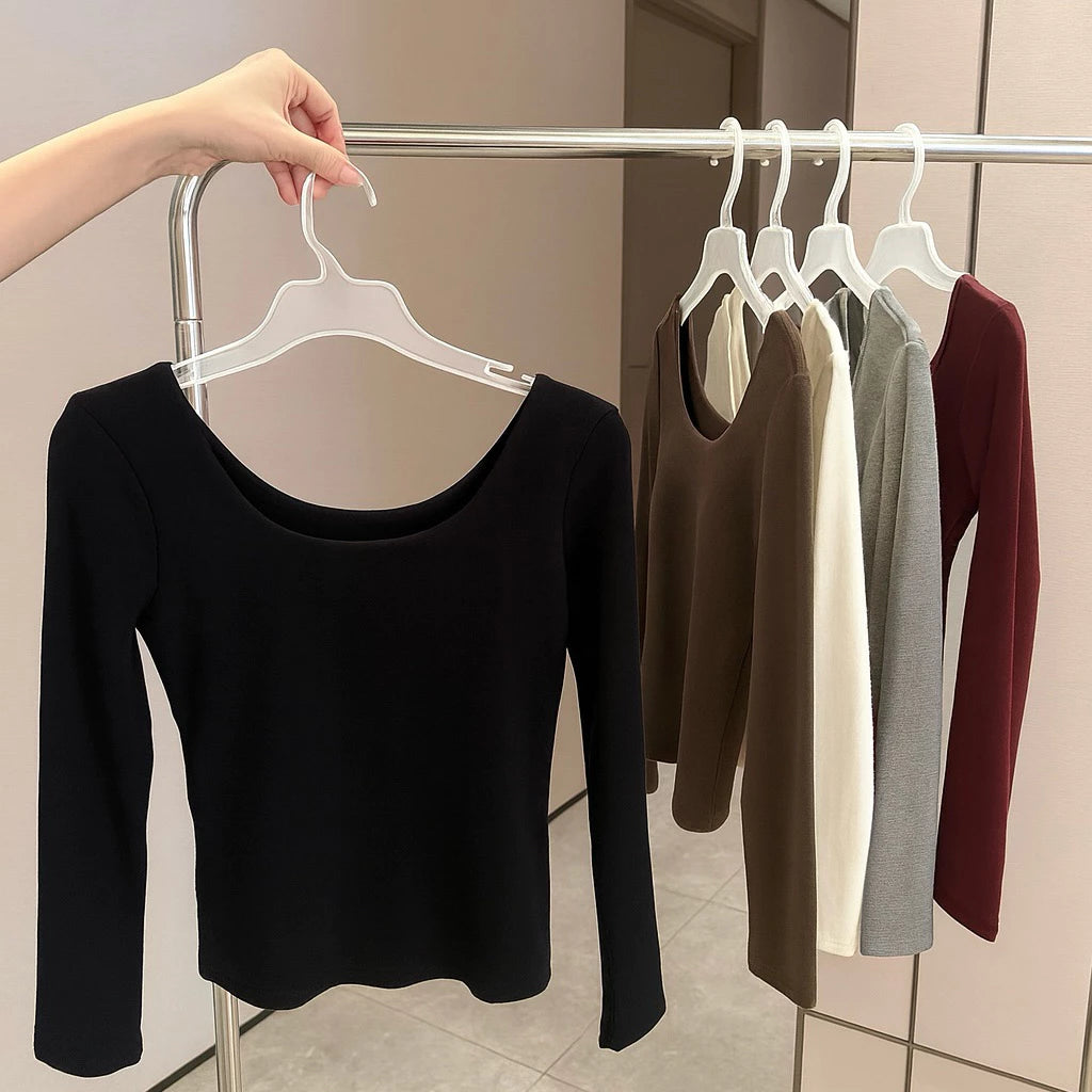 Cozy 圓領磨毛舒適彈性固定杯保暖上衣 長袖上衣 長版上衣 女裝上衣