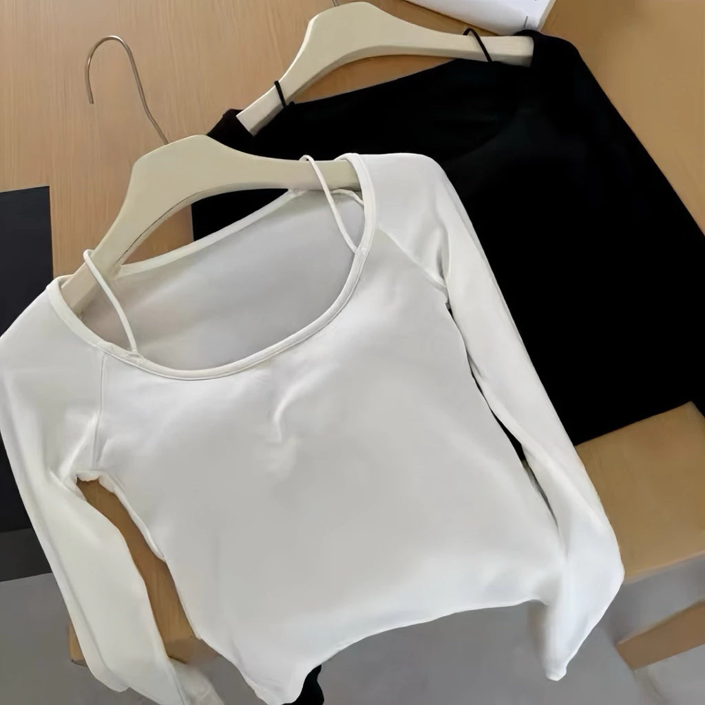 Cozy 小辣妹必備!性感細肩螺紋彈性好中長版長袖上衣 bratop 女裝上衣