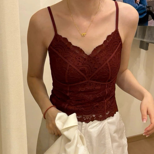 Cozy V領磨毛法式純慾蕾絲馬甲線中長版固定杯bratop