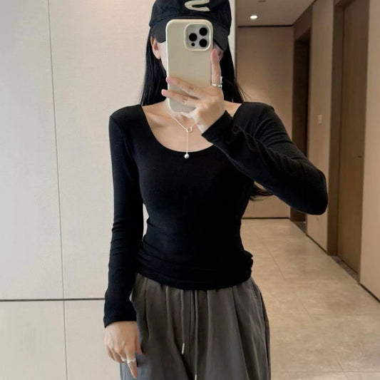 Cozy 圓領磨毛舒適彈性固定杯保暖上衣 長袖上衣 長版上衣 女裝上衣