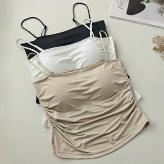 Cozy 細肩冰絲涼感抓皺顯瘦中長版固定杯bratop 小可愛 女裝上衣