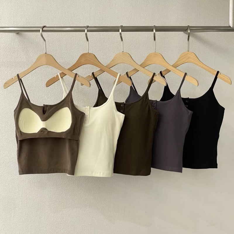 Cozy細肩帶磨毛保暖鈕扣中長版bra top