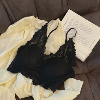 Cozy 法式輕奢深V純慾蕾絲固定杯bratop小可愛 女裝上衣