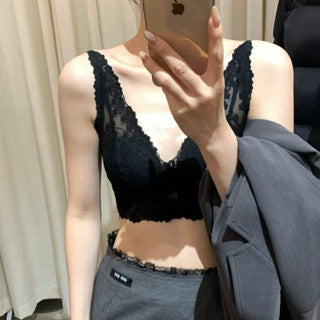 Cozy 法式輕奢深V純慾蕾絲固定杯bratop小可愛 女裝上衣