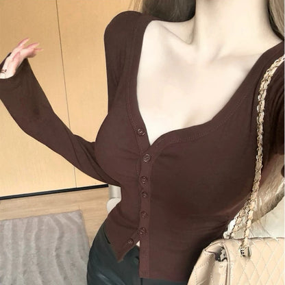 Cozy 辣！性感深V鈕扣固定杯顯瘦長袖上衣 女裝上衣