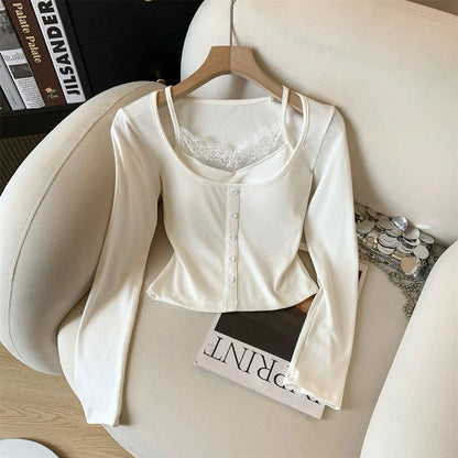 Cozy 小心機性感純慾蕾絲假兩件固定杯長袖上衣