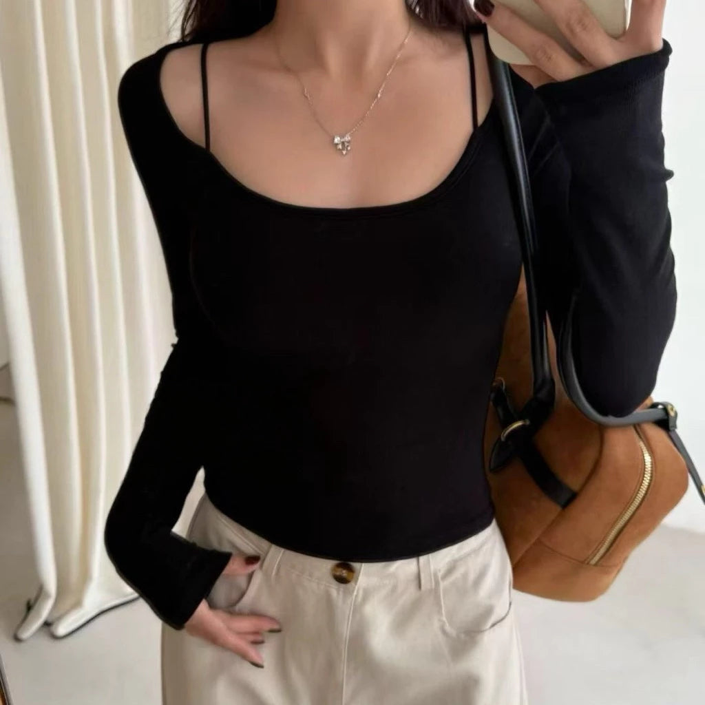 Cozy 小辣妹必備！性感細肩螺紋彈性好中長版長袖上衣 bratop 女裝上衣