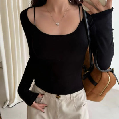 Cozy 小辣妹必備！性感細肩螺紋彈性好中長版長袖上衣 bratop 女裝上衣