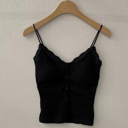 Cozy 太好穿！細肩V領鈕扣拼接蕾絲固定杯中長版背心 女裝上衣