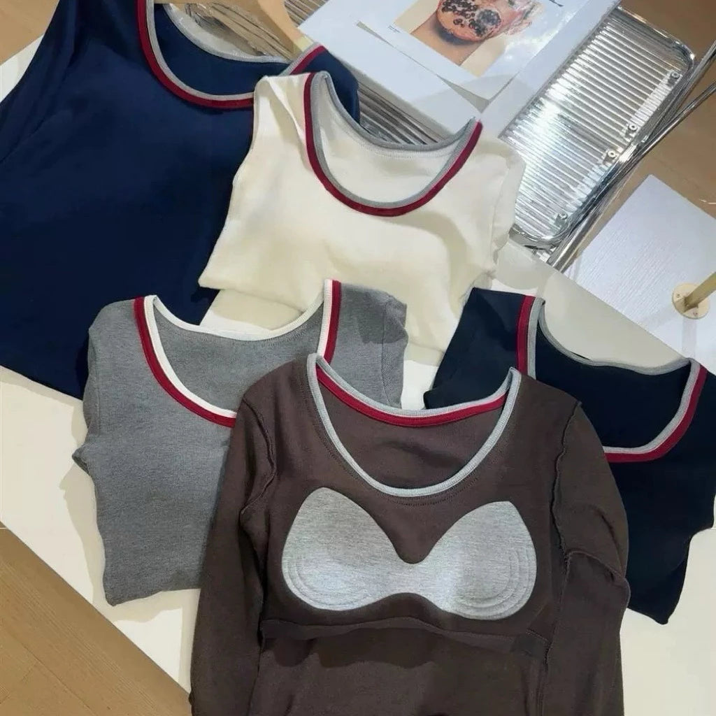 Cozy 磨毛撞色保暖固定杯長袖上衣 女裝上衣