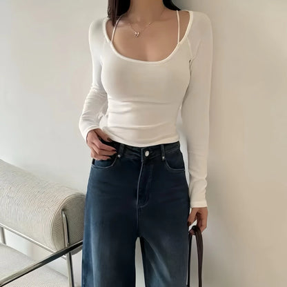 Cozy 小辣妹必備！性感細肩螺紋彈性好中長版長袖上衣 bratop 女裝上衣