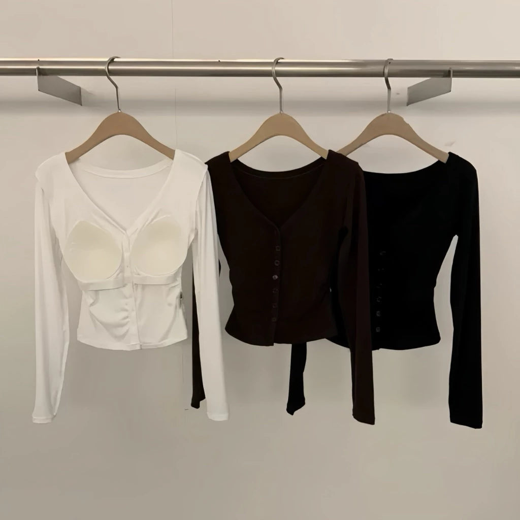 Cozy 辣！性感深V鈕扣固定杯顯瘦長袖上衣 女裝上衣