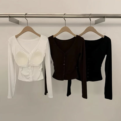 Cozy 辣！性感深V鈕扣固定杯顯瘦長袖上衣 女裝上衣