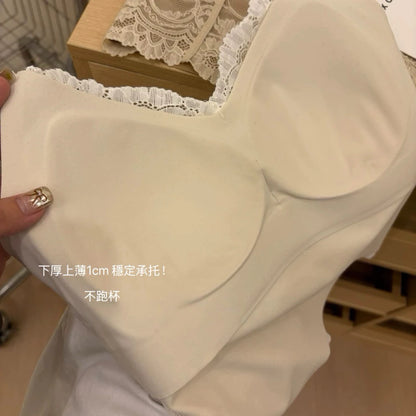 Cozy V領磨毛法式純慾蕾絲馬甲線中長版固定杯bratop