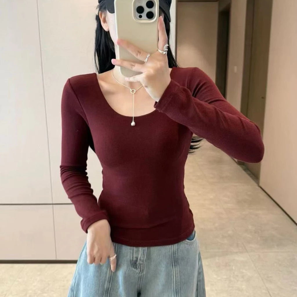 Cozy 圓領磨毛舒適彈性固定杯保暖上衣 長袖上衣 長版上衣 女裝上衣