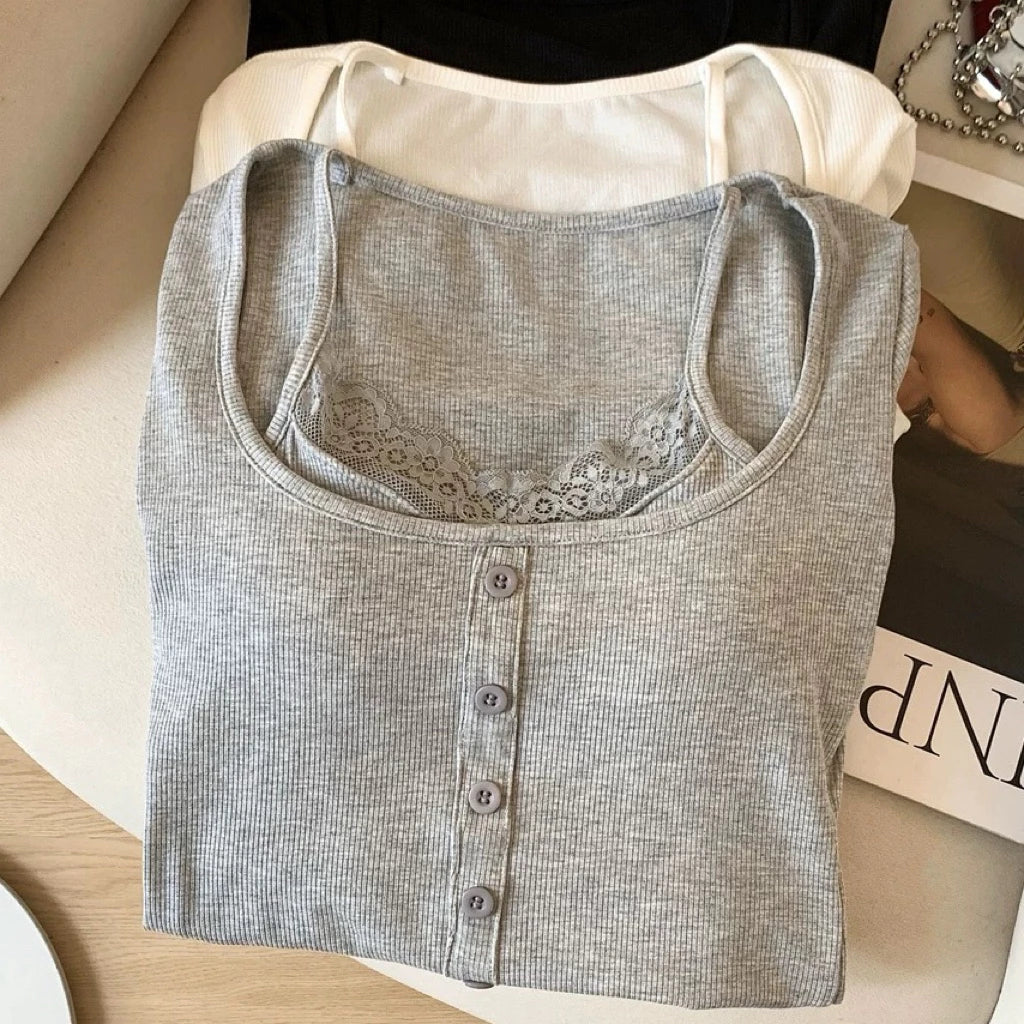 Cozy 小心機性感純慾蕾絲假兩件固定杯長袖上衣