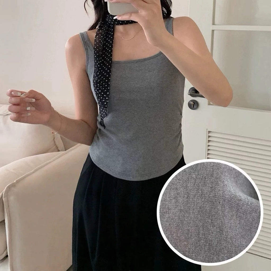 Cozy 寬肩方領抓皺顯瘦磨毛固定杯bratop 小可愛 女裝上衣