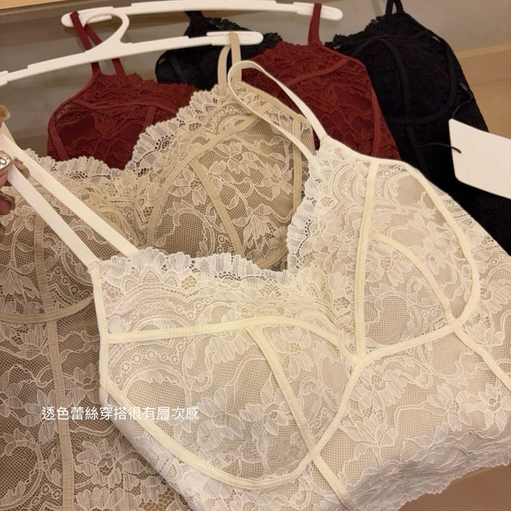 Cozy V領磨毛法式純慾蕾絲馬甲線中長版固定杯bratop