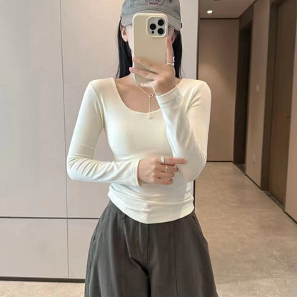 Cozy 圓領磨毛舒適彈性固定杯保暖上衣 長袖上衣 長版上衣 女裝上衣