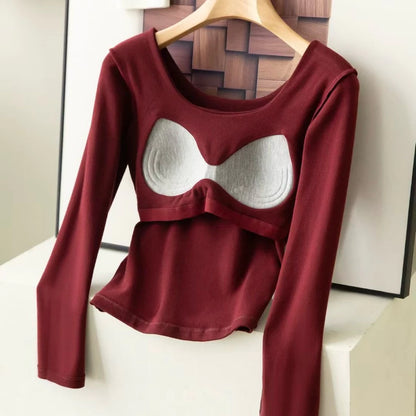 Cozy 圓領磨毛舒適彈性固定杯保暖上衣 長袖上衣 長版上衣 女裝上衣