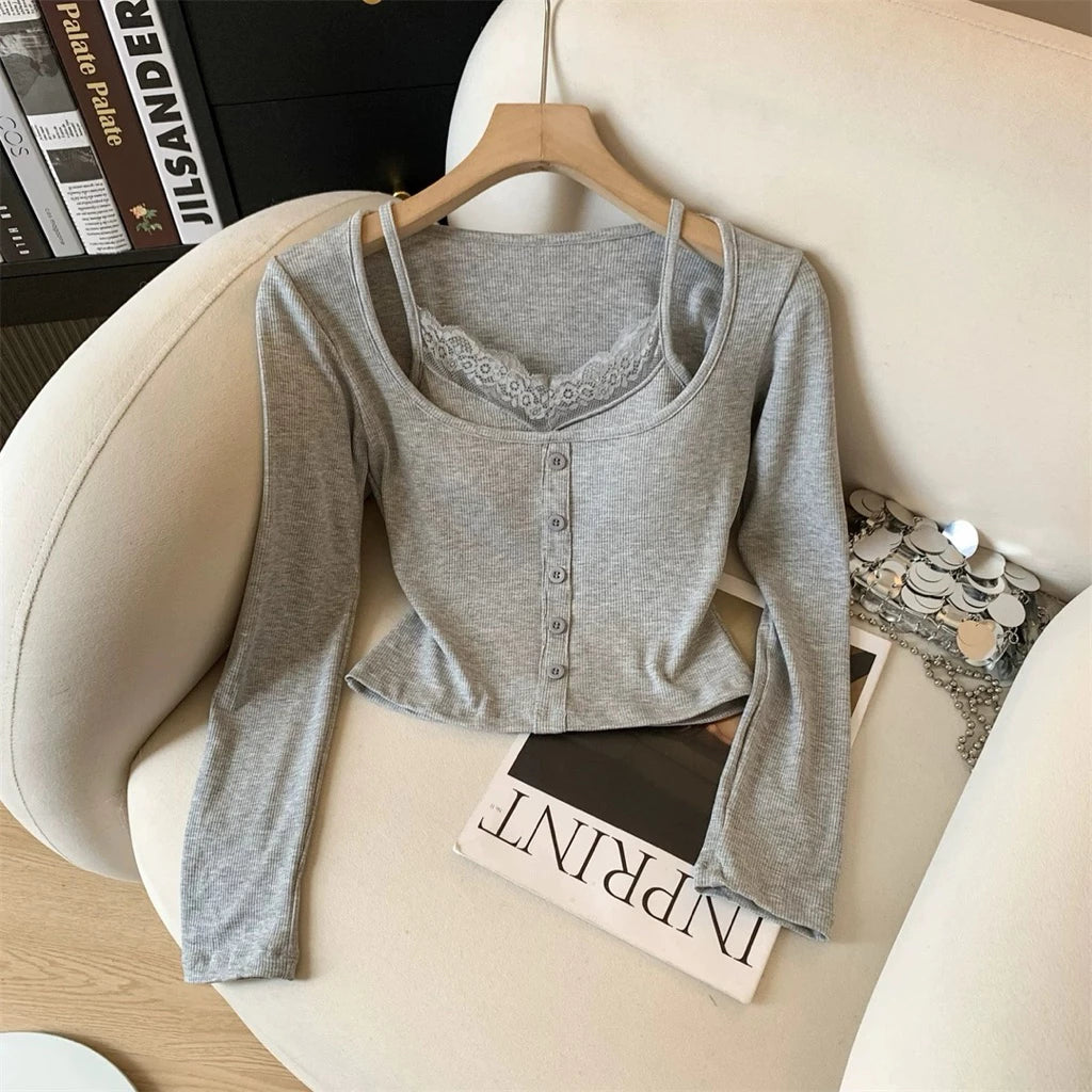 Cozy 小心機性感純慾蕾絲假兩件固定杯長袖上衣