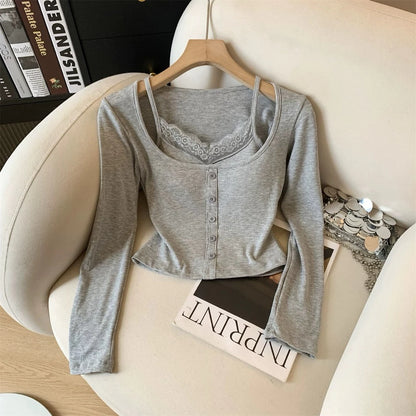 Cozy 小心機性感純慾蕾絲假兩件固定杯長袖上衣