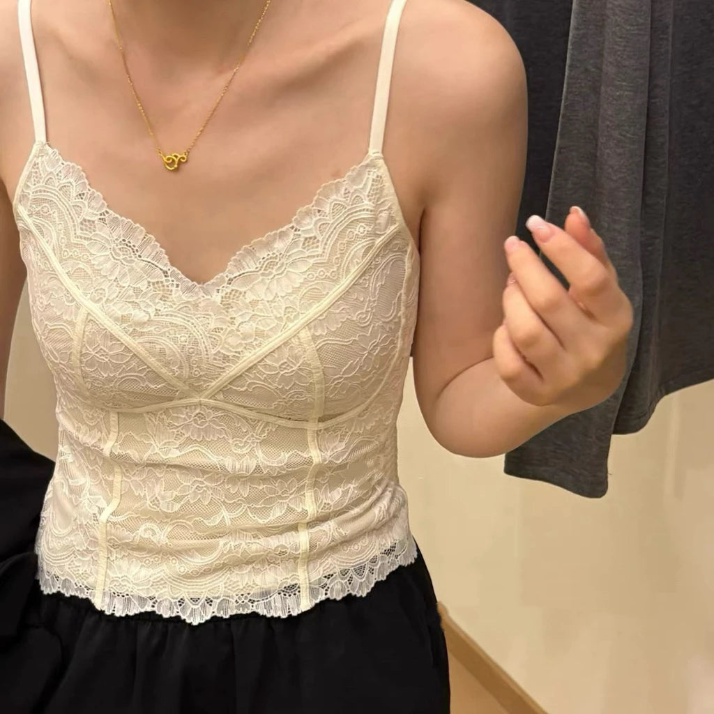 Cozy V領磨毛法式純慾蕾絲馬甲線中長版固定杯bratop