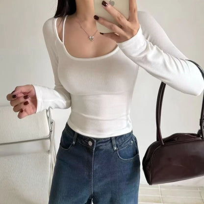 Cozy 小辣妹必備！性感細肩螺紋彈性好中長版長袖上衣 bratop 女裝上衣