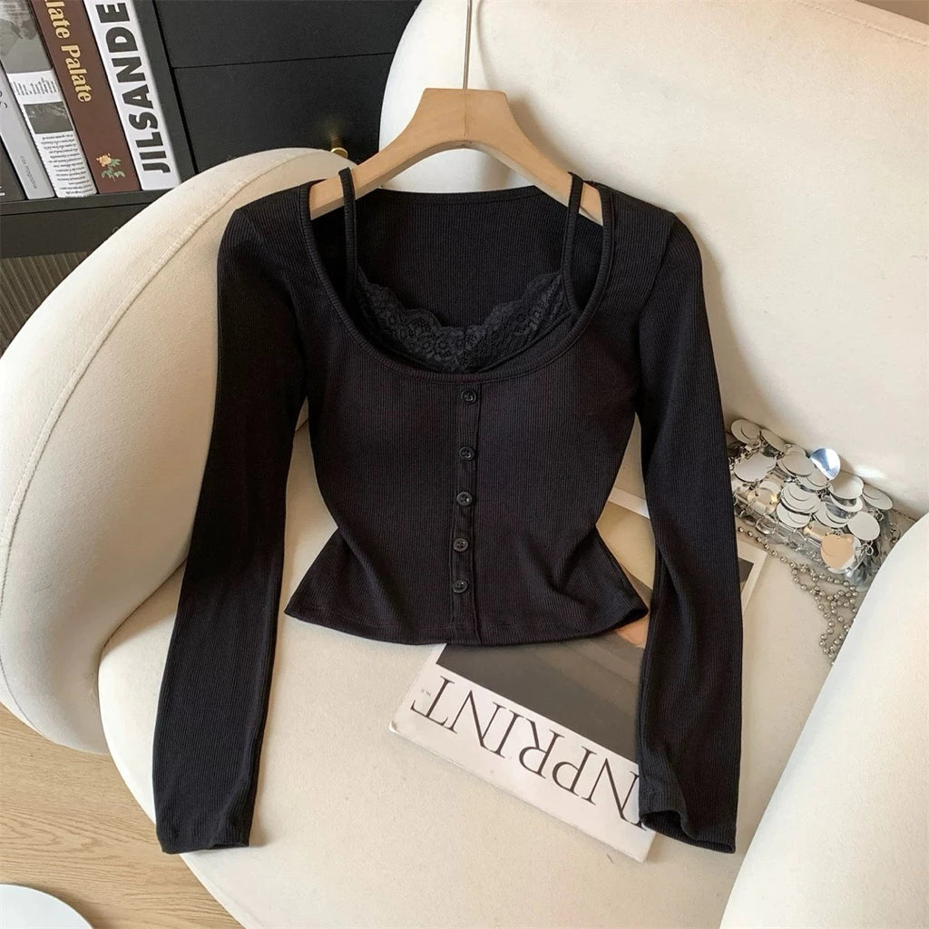 Cozy 小心機性感純慾蕾絲假兩件固定杯長袖上衣