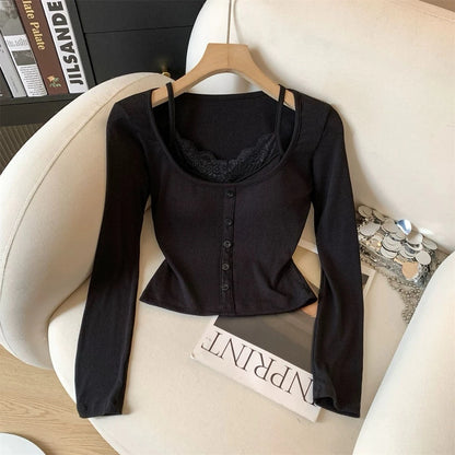 Cozy 小心機性感純慾蕾絲假兩件固定杯長袖上衣