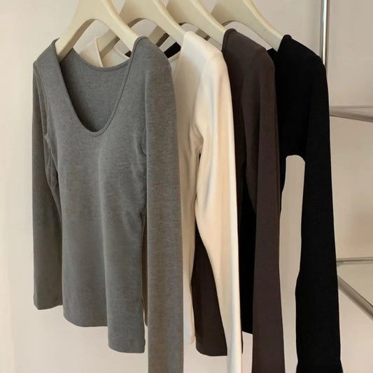 Cozy 【免運】V領磨毛保暖固定杯中長版上衣 女裝上衣