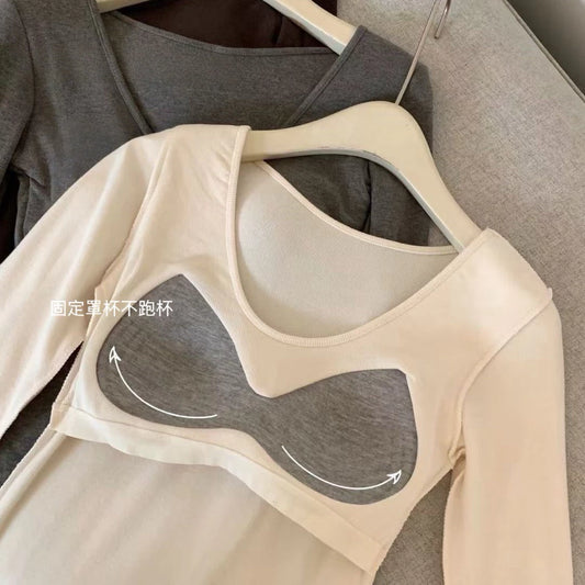 Cozy 【免運】V領磨毛保暖固定杯中長版上衣 女裝上衣