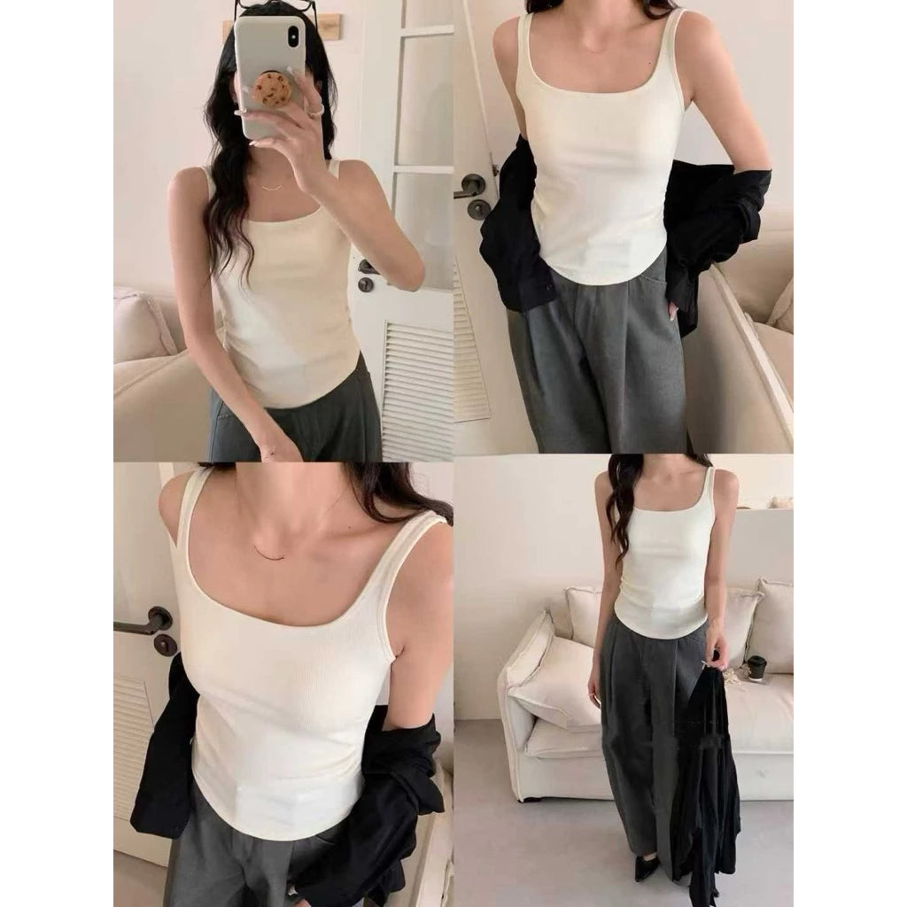 Cozy 寬肩方領抓皺顯瘦磨毛固定杯bratop 小可愛 女裝上衣