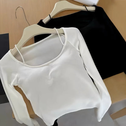 Cozy 小辣妹必備！性感細肩螺紋彈性好中長版長袖上衣 bratop 女裝上衣