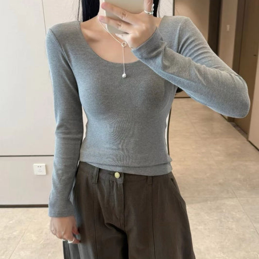 Cozy 圓領磨毛舒適彈性固定杯保暖上衣 長袖上衣 長版上衣 女裝上衣